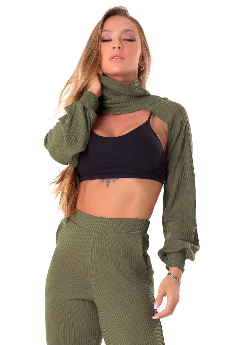 Lets Gym - Shirt Cropped Ribbed Collar Senses Green Militar - C1313
