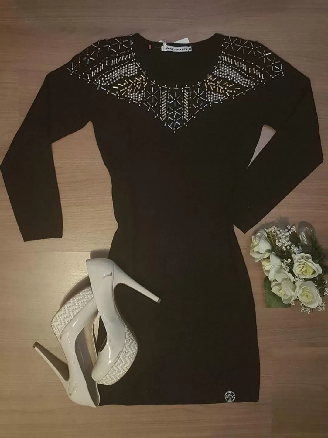 Miss Misses - Misses Misses Dress with Needlework on Black Neckline - 10012436 Miss Misses - Misses Misses Dress with Needlework on Black Neckline - 10012436