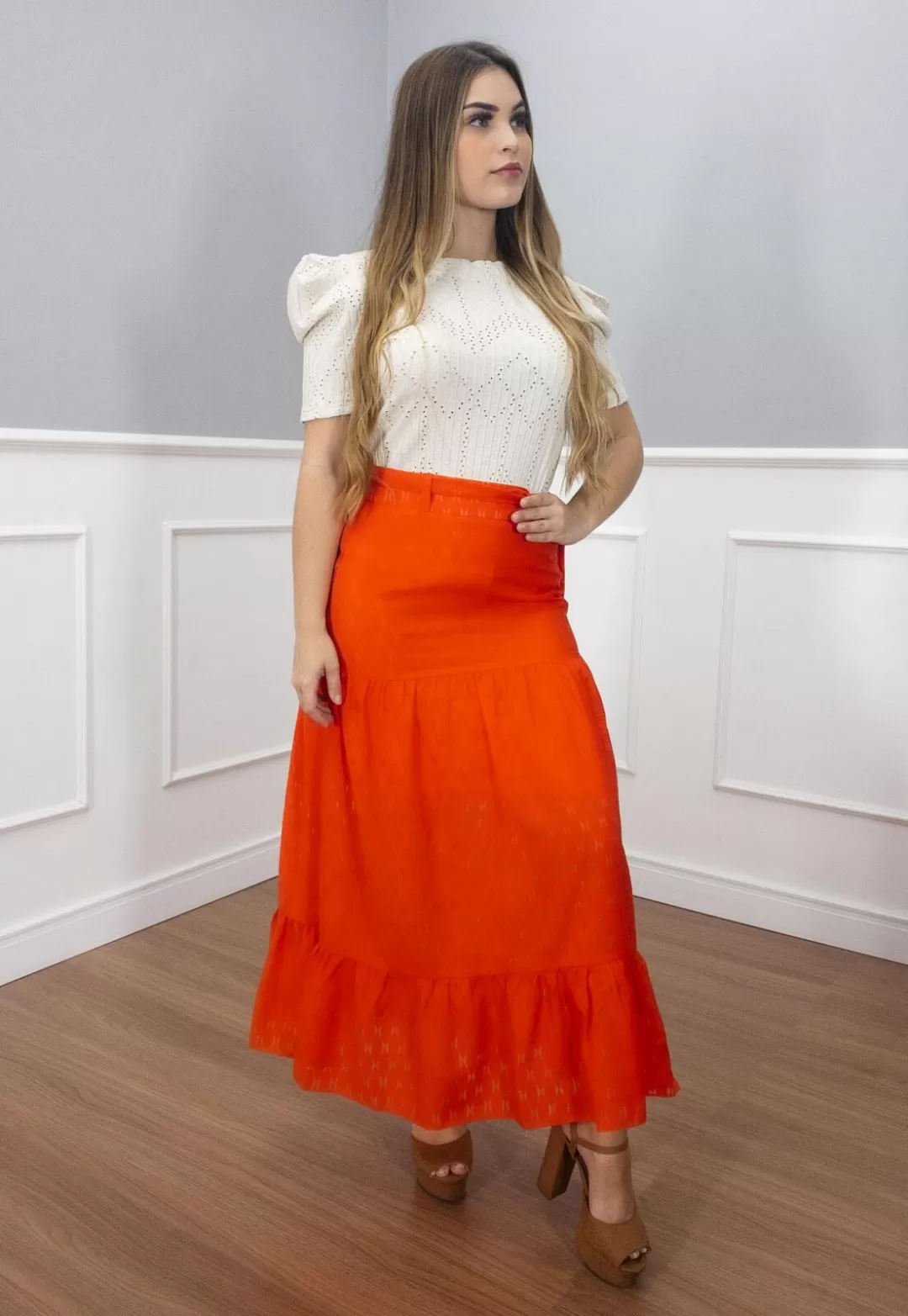 Vanillamint - Skirt Vanillament midi with Red waistband - 1000807 Vanillamint - Skirt Vanillament midi with Red waistband - 1000807