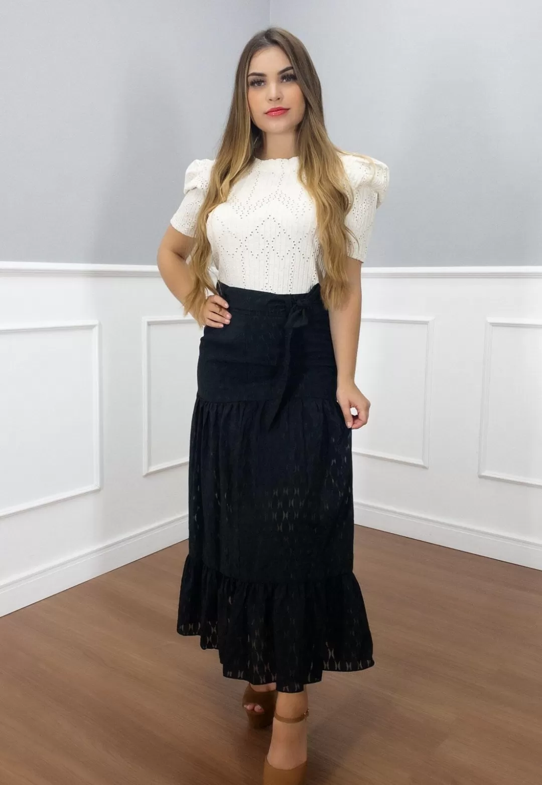 Vanillamint - Skirt Vanillament midi with Black waistband - 1000804 Vanillamint - Skirt Vanillament midi with Black waistband - 1000804