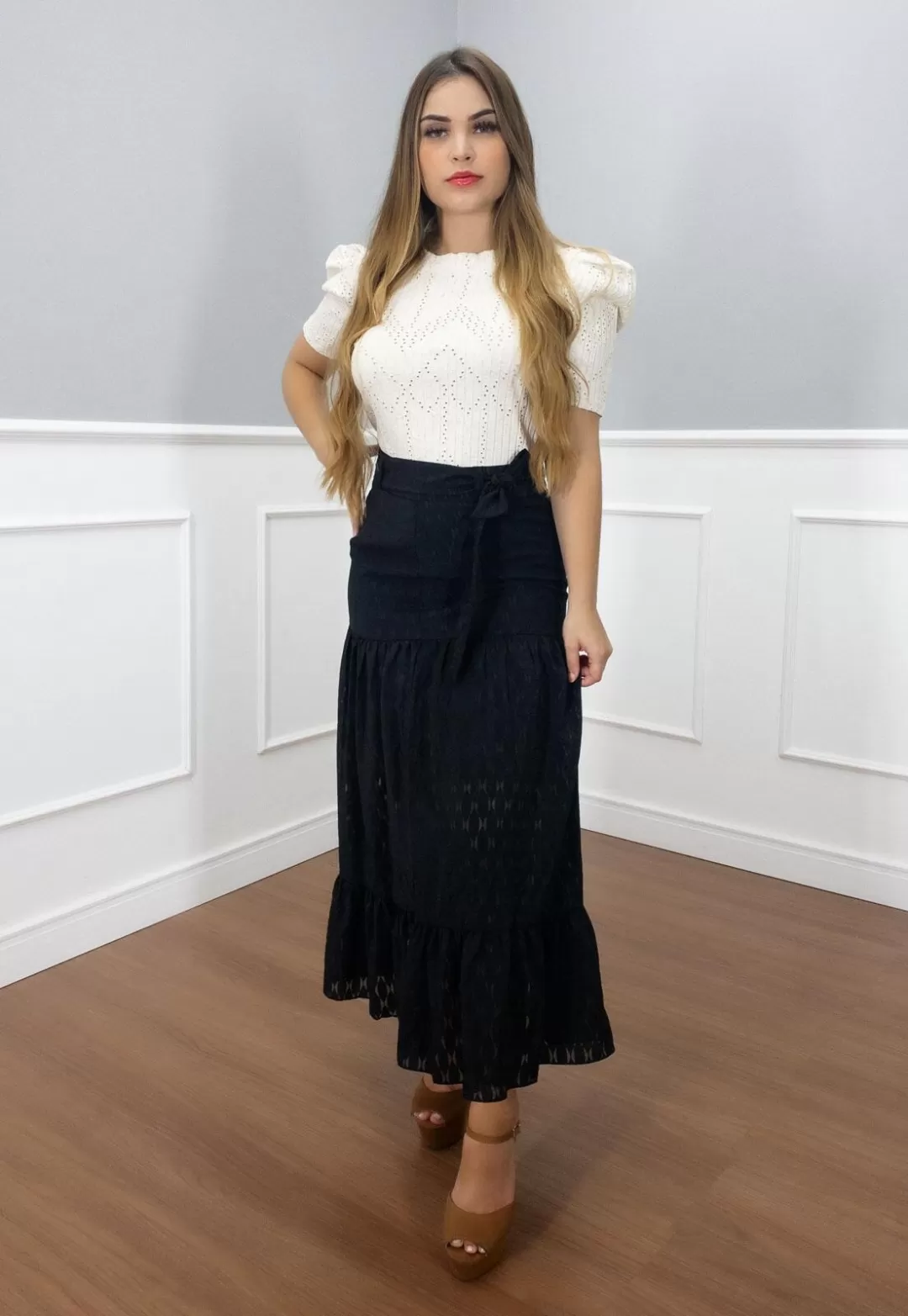Vanillamint - Skirt Vanillament midi with Black waistband - 1000804 Vanillamint - Skirt Vanillament midi with Black waistband - 1000804