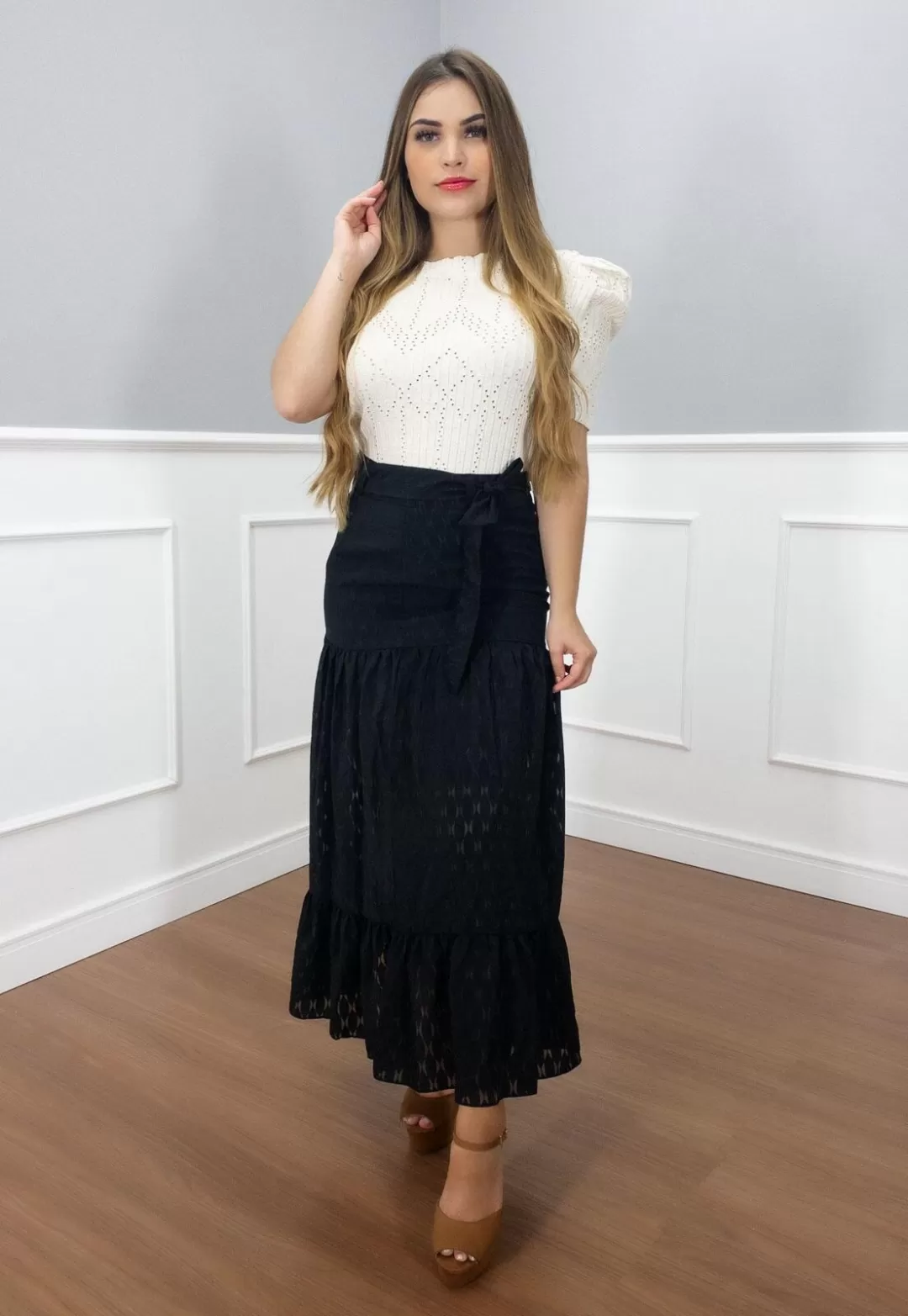 Vanillamint - Skirt Vanillament midi with Black waistband - 1000804 Vanillamint - Skirt Vanillament midi with Black waistband - 1000804