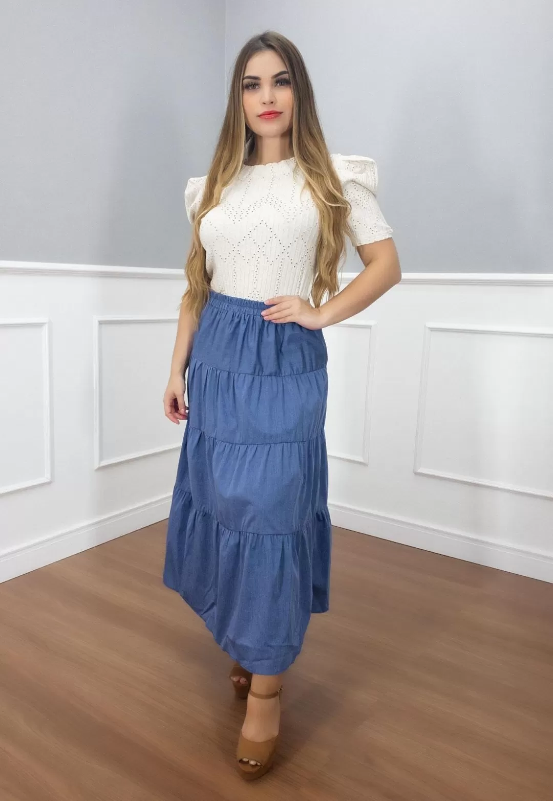Vanillamint - Skirt Vanillament midi elastic waistband Blue - 1000801 Vanillamint - Skirt Vanillament midi elastic waistband Blue - 1000801