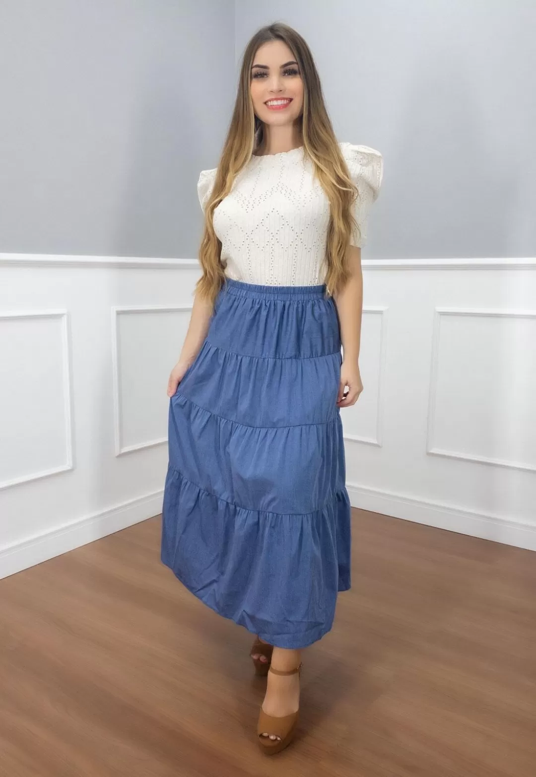 Vanillamint - Skirt Vanillament midi elastic waistband Blue - 1000801 Vanillamint - Skirt Vanillament midi elastic waistband Blue - 1000801
