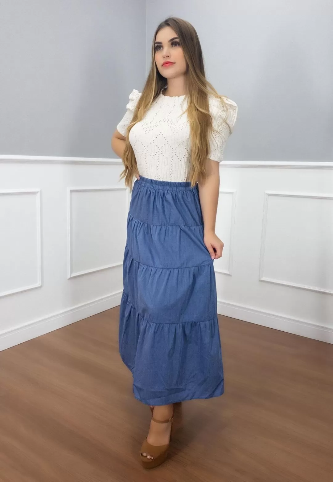 Vanillamint - Skirt Vanillament midi elastic waistband Blue - 1000801 Vanillamint - Skirt Vanillament midi elastic waistband Blue - 1000801