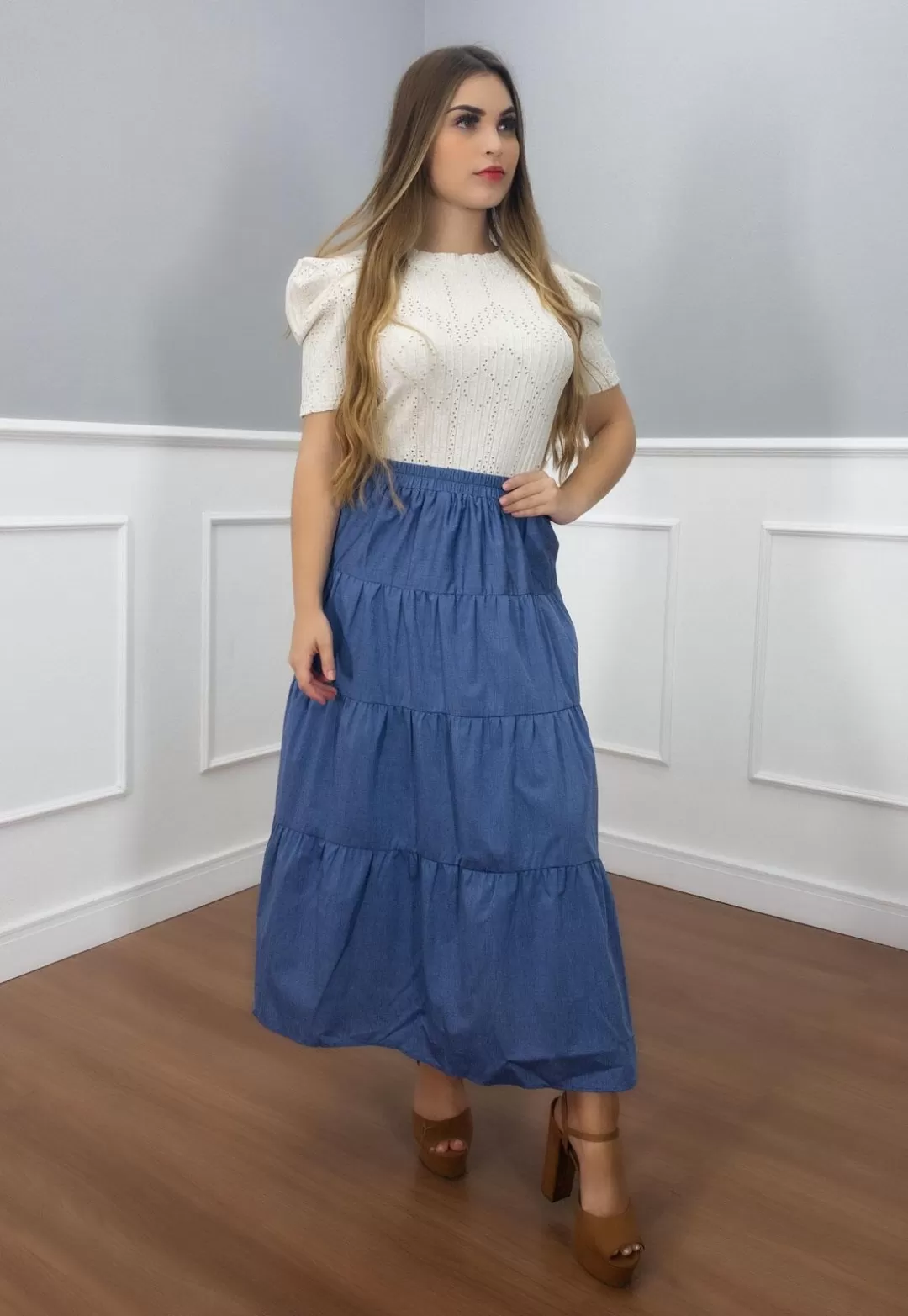 Vanillamint - Skirt Vanillament midi elastic waistband Blue - 1000801 Vanillamint - Skirt Vanillament midi elastic waistband Blue - 1000801
