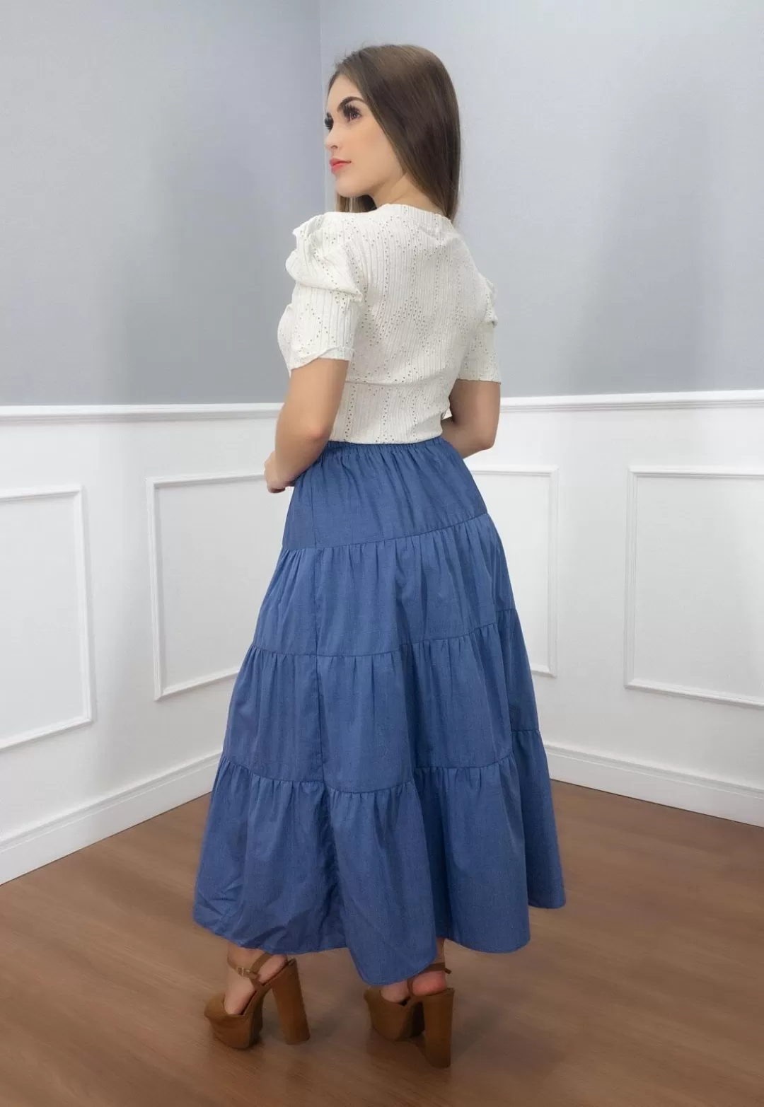 Vanillamint - Skirt Vanillament midi elastic waistband Blue - 1000801 Vanillamint - Skirt Vanillament midi elastic waistband Blue - 1000801