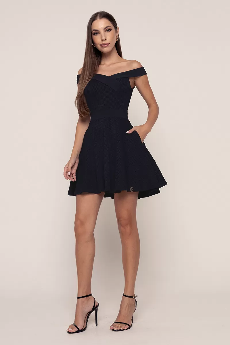 Miss Misses - Misses Black Shoulder-to-Shoulder Dress - 30222PRETO
