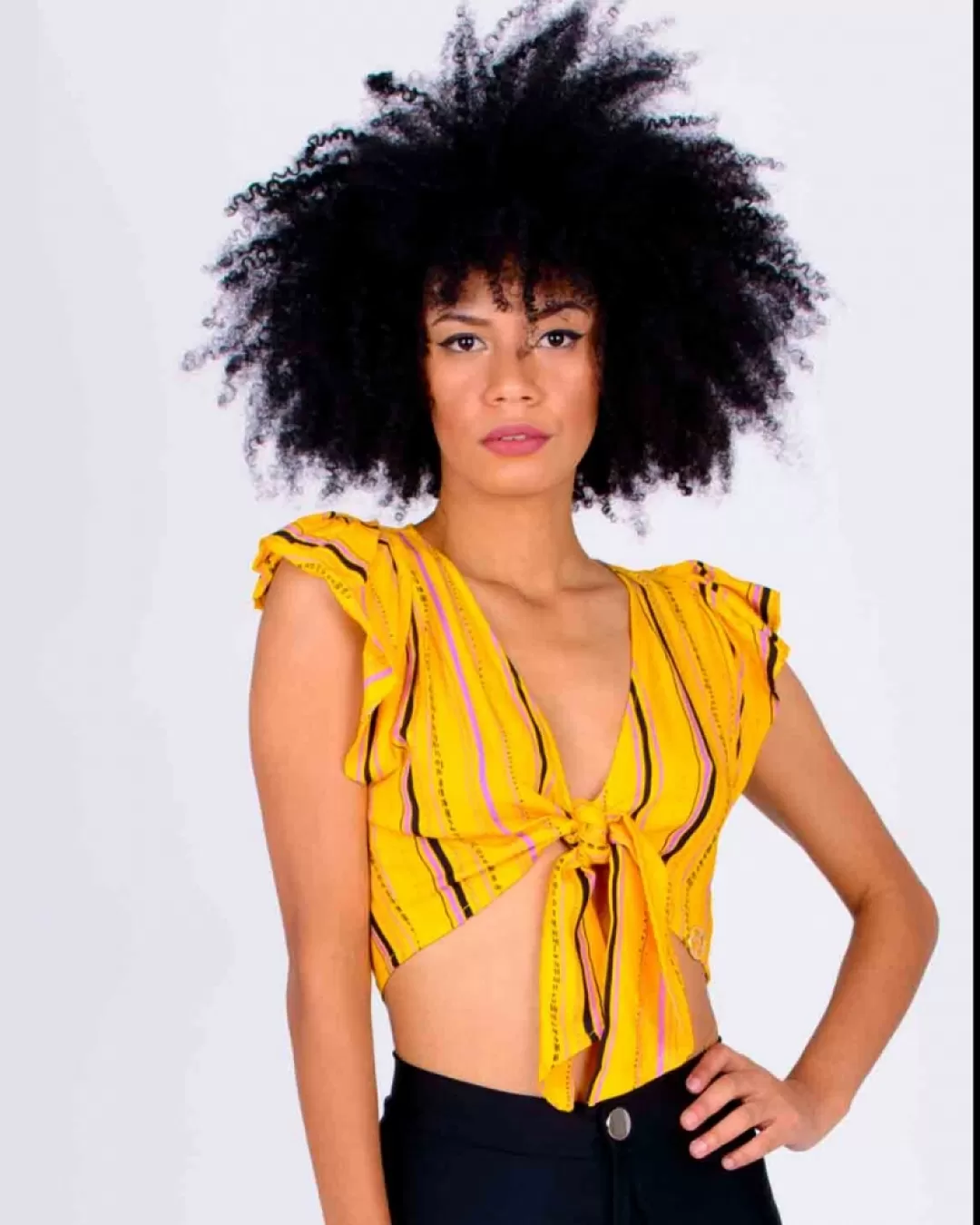 Miss Misses - Cropped Miss Misses Ruffled Sleeve Yellow Print 16097 - 10009808 Miss Misses - Cropped Miss Misses Ruffled Sleeve Yellow Print 16097 - 10009808