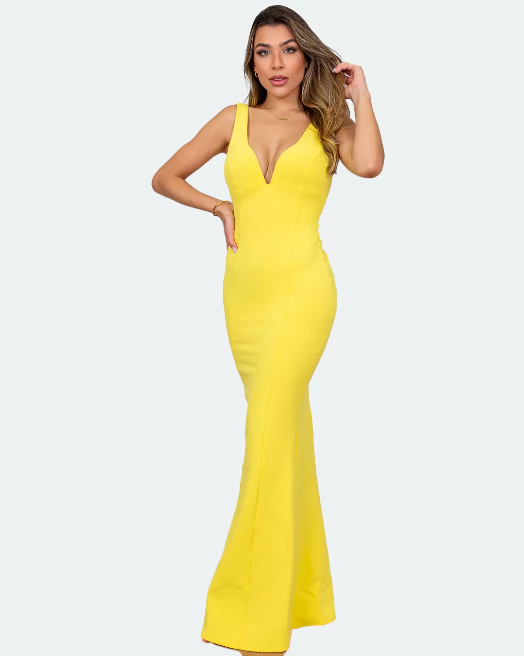 Miss Misses - Vestido Longo Miss Misses Decote V Amarelo - 10004389