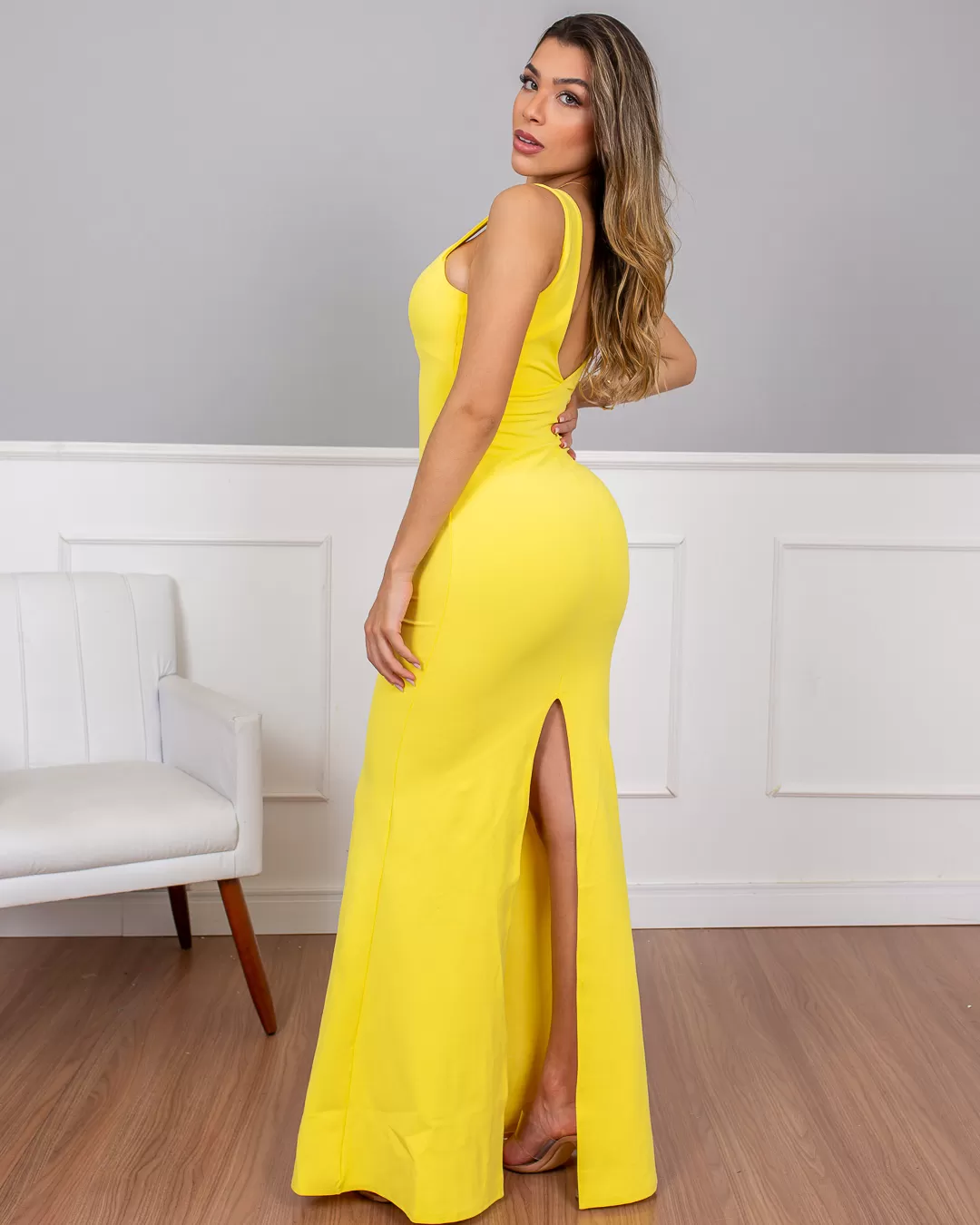 Miss Misses - Vestido Longo Miss Misses Decote V Amarelo - 10004389