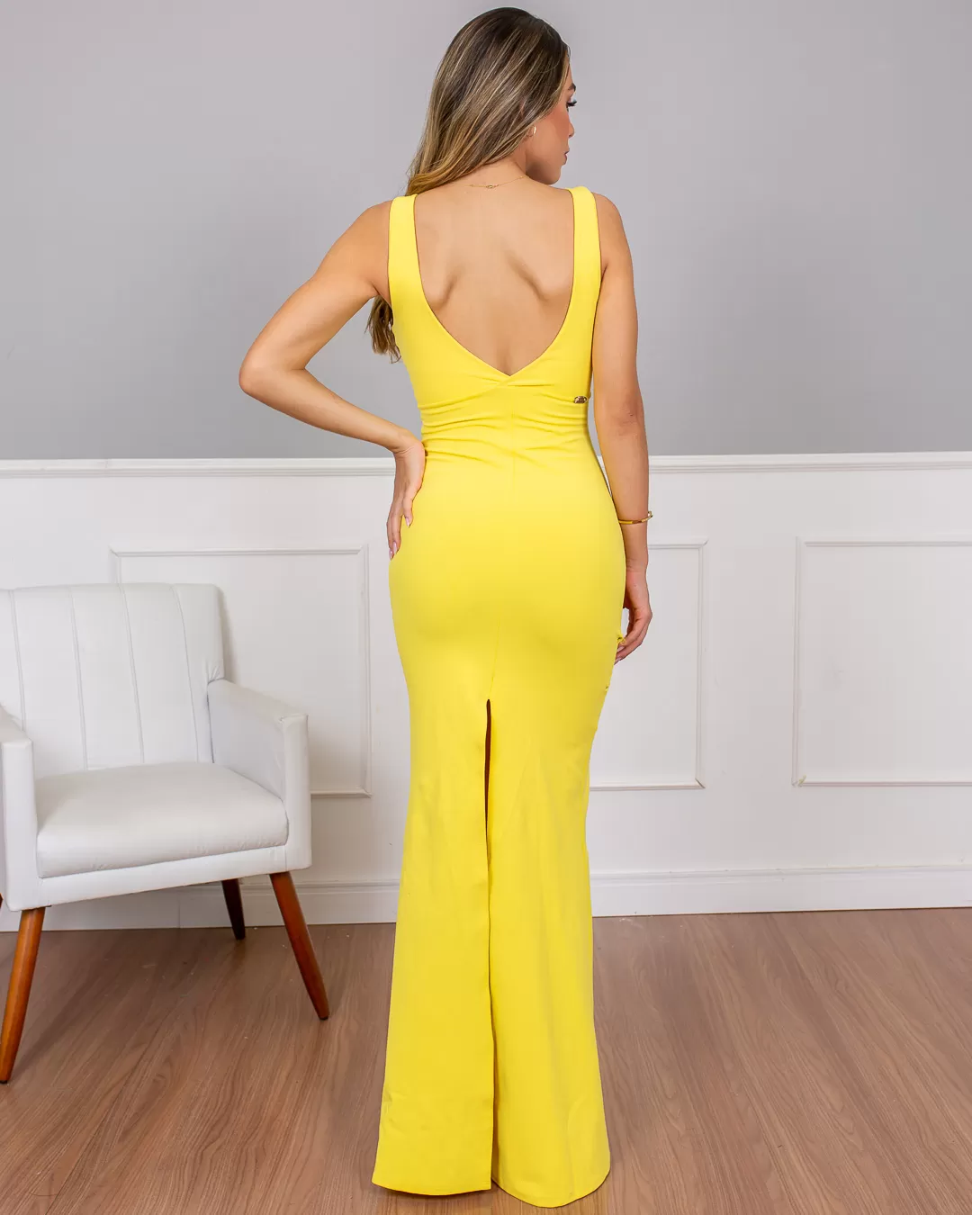 Miss Misses - Vestido Longo Miss Misses Decote V Amarelo - 10004389