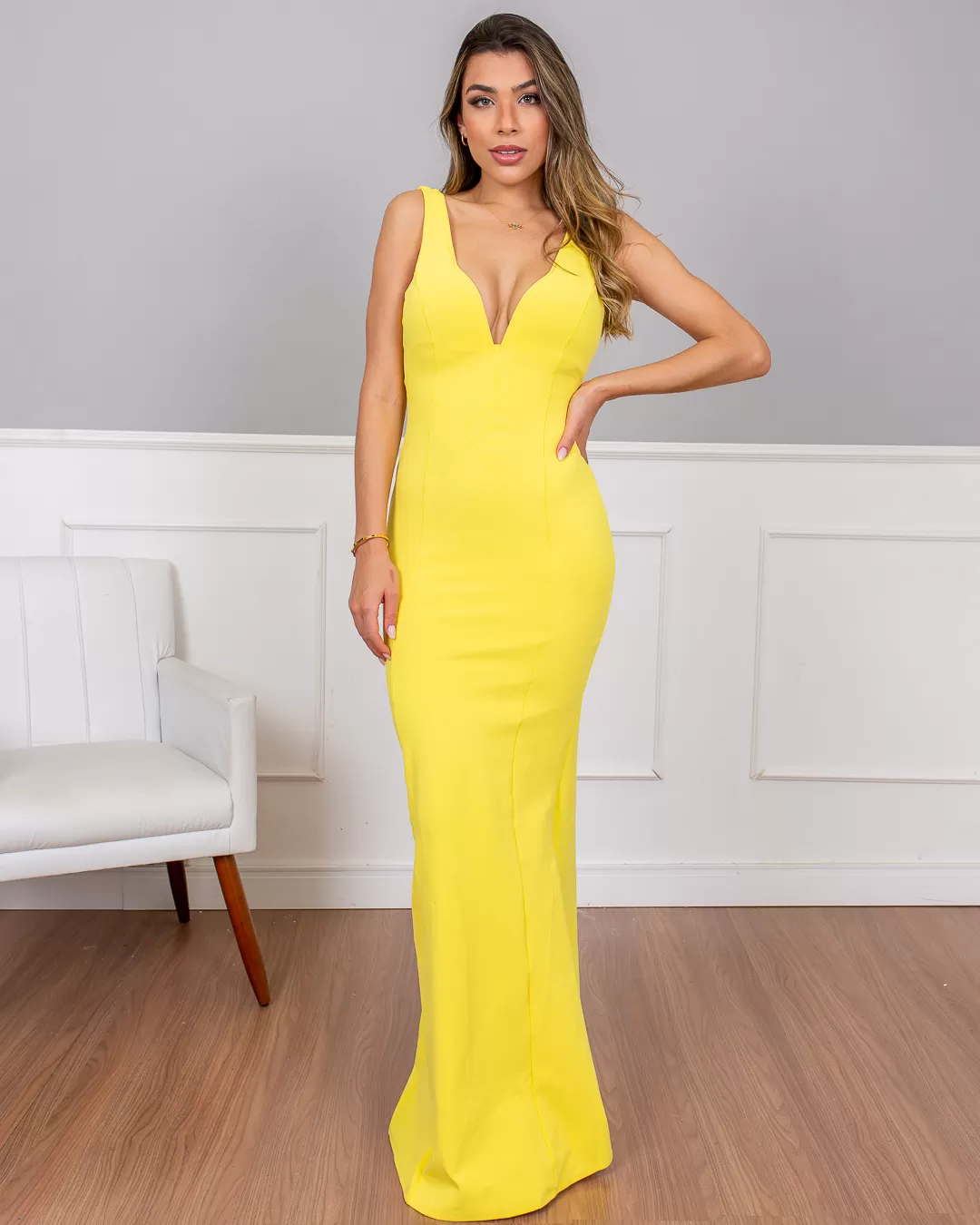 Miss Misses - Vestido Longo Miss Misses Decote V Amarelo - 10004389