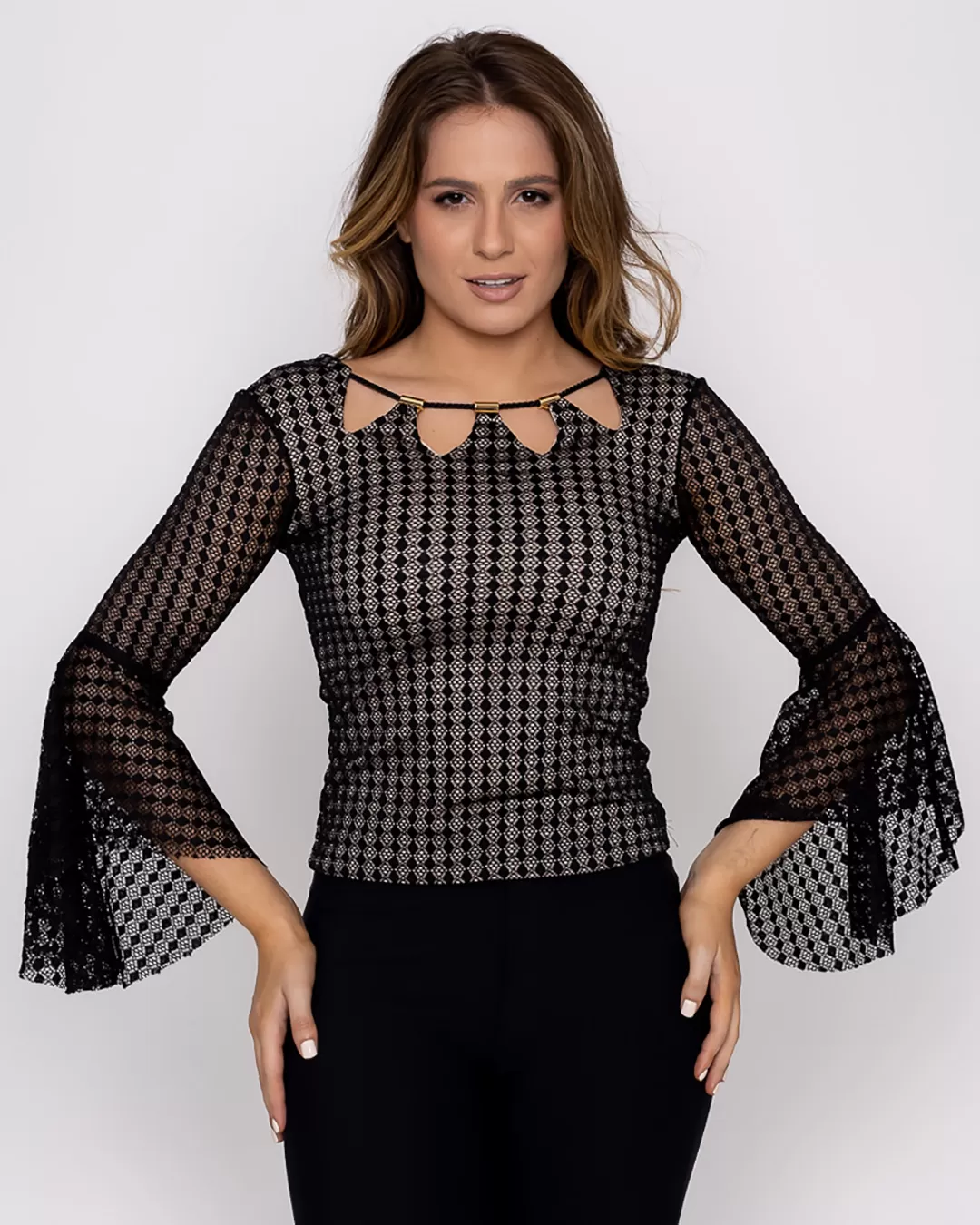 Karmani - Black lace sleeve flare Karmani shirt - 10007674 Karmani - Black lace sleeve flare Karmani shirt - 10007674