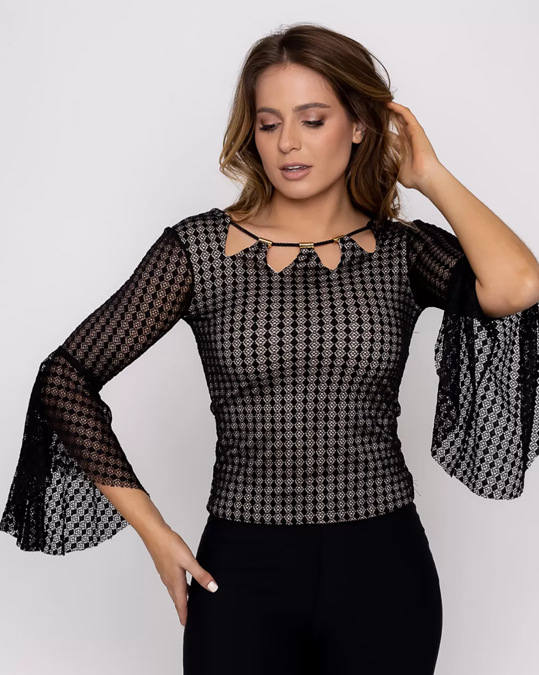 Karmani - Black lace sleeve flare Karmani shirt - 10007674 Karmani - Black lace sleeve flare Karmani shirt - 10007674