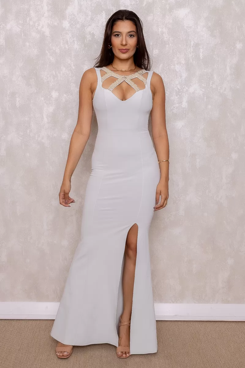 Miss Misses - Misses Gray Pearl Detail Dress - 10004294 Miss Misses - Misses Gray Pearl Detail Dress - 10004294