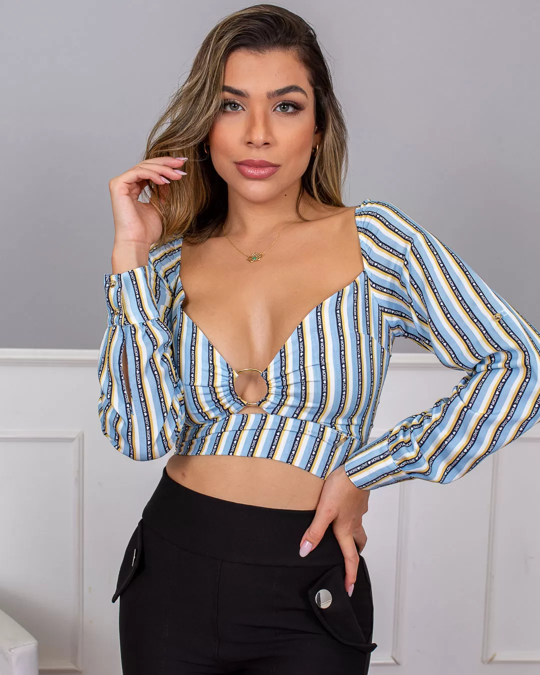 Limone - Cropped Limone Blue Printed Necklace Hoop 02-695 - 10009698 Limone - Cropped Limone Blue Printed Necklace Hoop 02-695 - 10009698