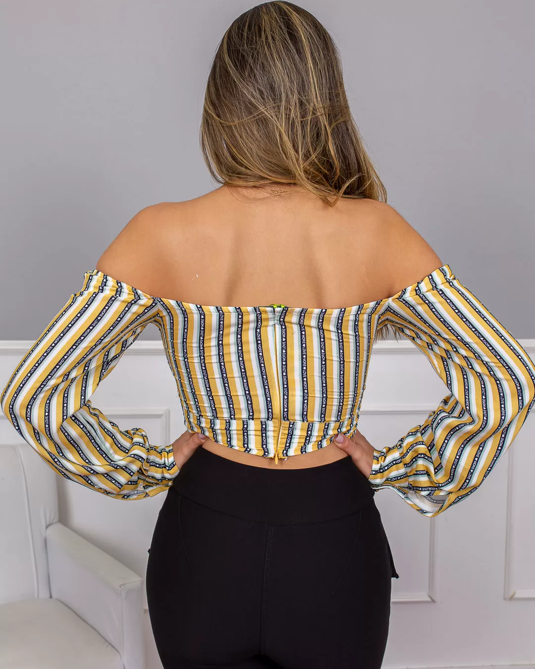 Limone - Cropped Limone Yellow Printed Necklace Hoop 02-695 - 10009695 Limone - Cropped Limone Yellow Printed Necklace Hoop 02-695 - 10009695