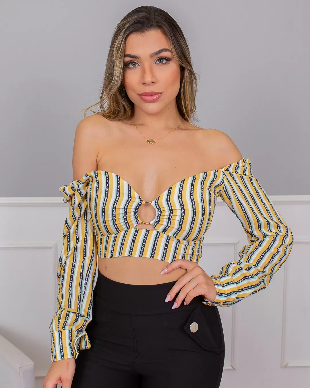 Limone - Cropped Limone argola decote Estampado Amarelo 02-695 - 10009695