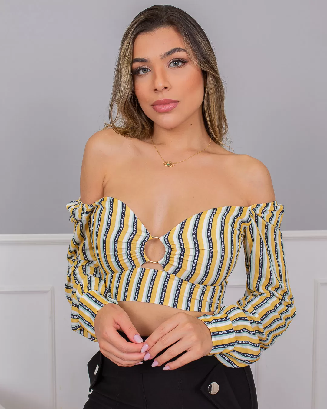 Limone - Cropped Limone Yellow Printed Necklace Hoop 02-695 - 10009695 Limone - Cropped Limone Yellow Printed Necklace Hoop 02-695 - 10009695