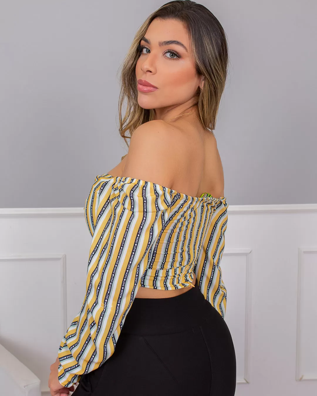 Limone - Cropped Limone Yellow Printed Necklace Hoop 02-695 - 10009695 Limone - Cropped Limone Yellow Printed Necklace Hoop 02-695 - 10009695