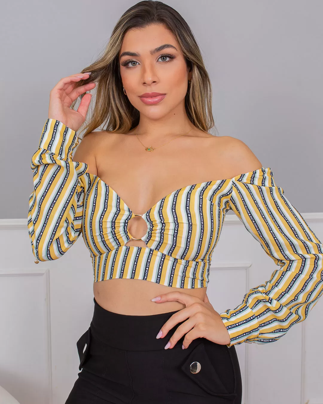 Limone - Cropped Limone Yellow Printed Necklace Hoop 02-695 - 10009695 Limone - Cropped Limone Yellow Printed Necklace Hoop 02-695 - 10009695