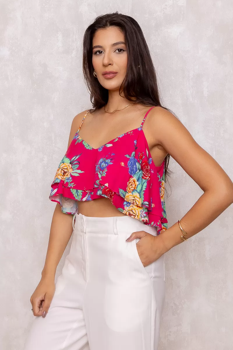 Limone - Cropped Limone with Pink Print frill 02-538 - 10009684 Limone - Cropped Limone with Pink Print frill 02-538 - 10009684
