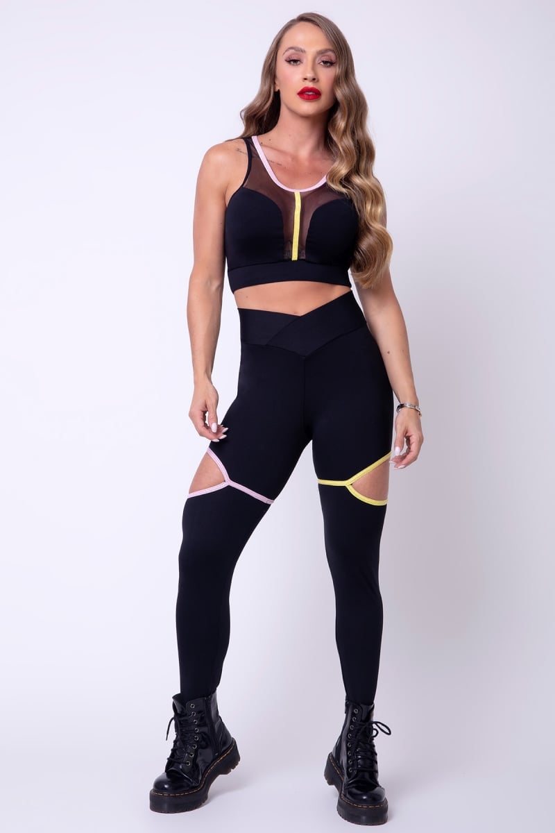 Hipkini - Black Fitness Show Top with Pink and Yellow Elastic Bands - 3338826 Hipkini - Black Fitness Show Top with Pink and Yellow Elastic Bands - 3338826