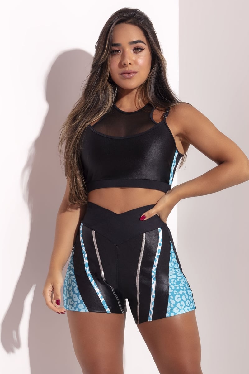 Hipkini - Black Shine Fitness Top with tulle - 3338972 Hipkini - Black Shine Fitness Top with tulle - 3338972