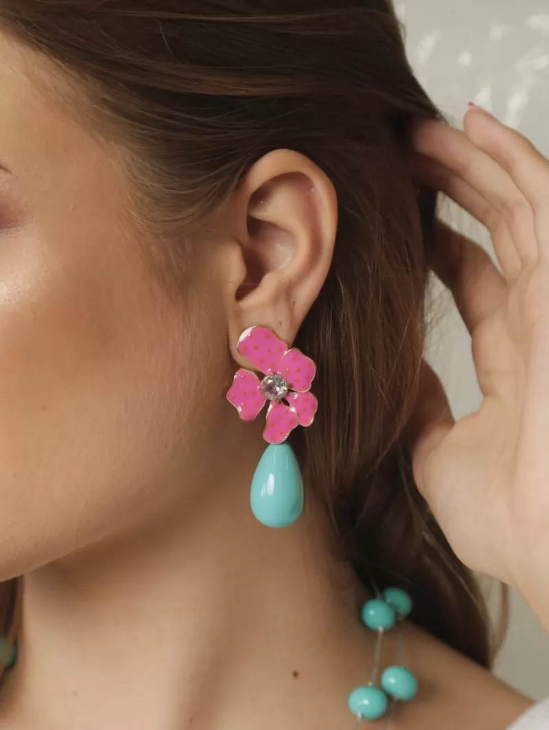Mikabe - Pink Turquoise Enamelled Flower Earring - MK661