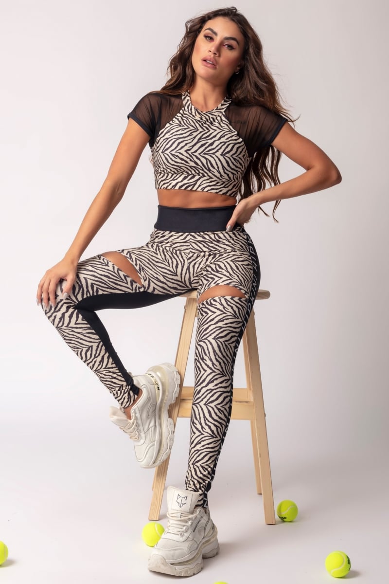 Hipkini - Love Fitness Black Leggings with Zebra Print and Cutouts - 3339211