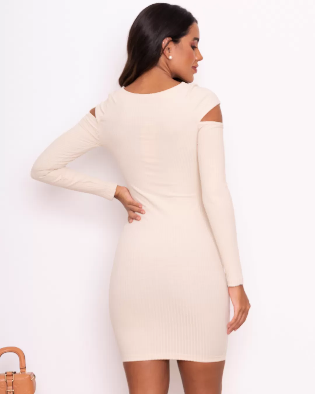 Miss Misses - Dress Miss Misses Corrugated Tube Long Sleeve Beige - 18817215