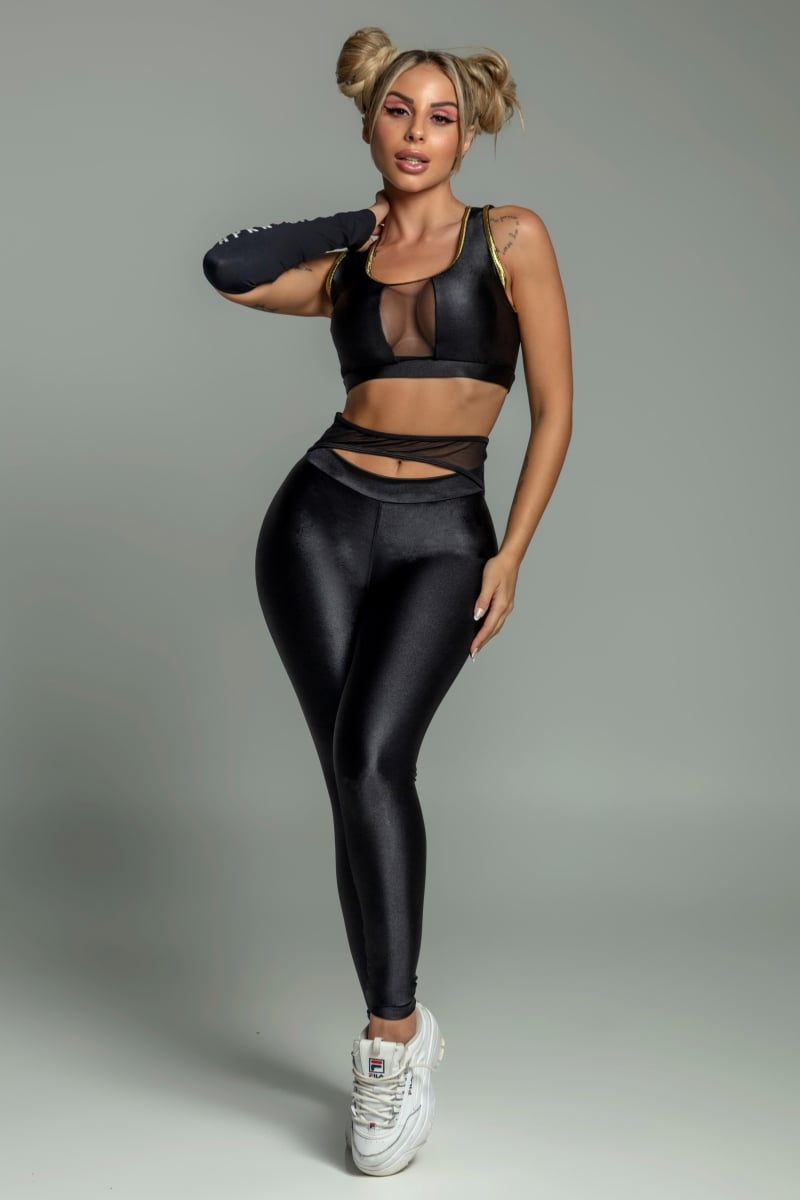 Hipkini - Black Glamor Fitness Leggings with Tulle Cutout at the Waistband - 3339367
