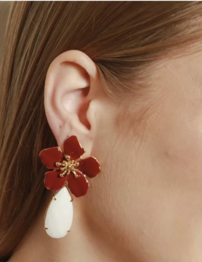Mikabe - Earring Flower Enamelled Red and White Jade - MK998