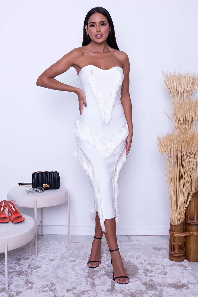 Miss Misses - Dress Miss Misses Tube Hope It Falls Off White with Fringe - 7006OFF Miss Misses - Dress Miss Misses Tube Hope It Falls Off White with Fringe - 7006OFF