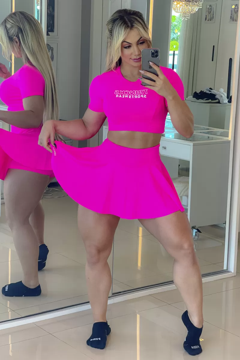 Trincks - Fitness Set Top and Pants Short Skirt and Cropped Pink - cjss-023233 Trincks - Fitness Set Top and Pants Short Skirt and Cropped Pink - cjss-023233