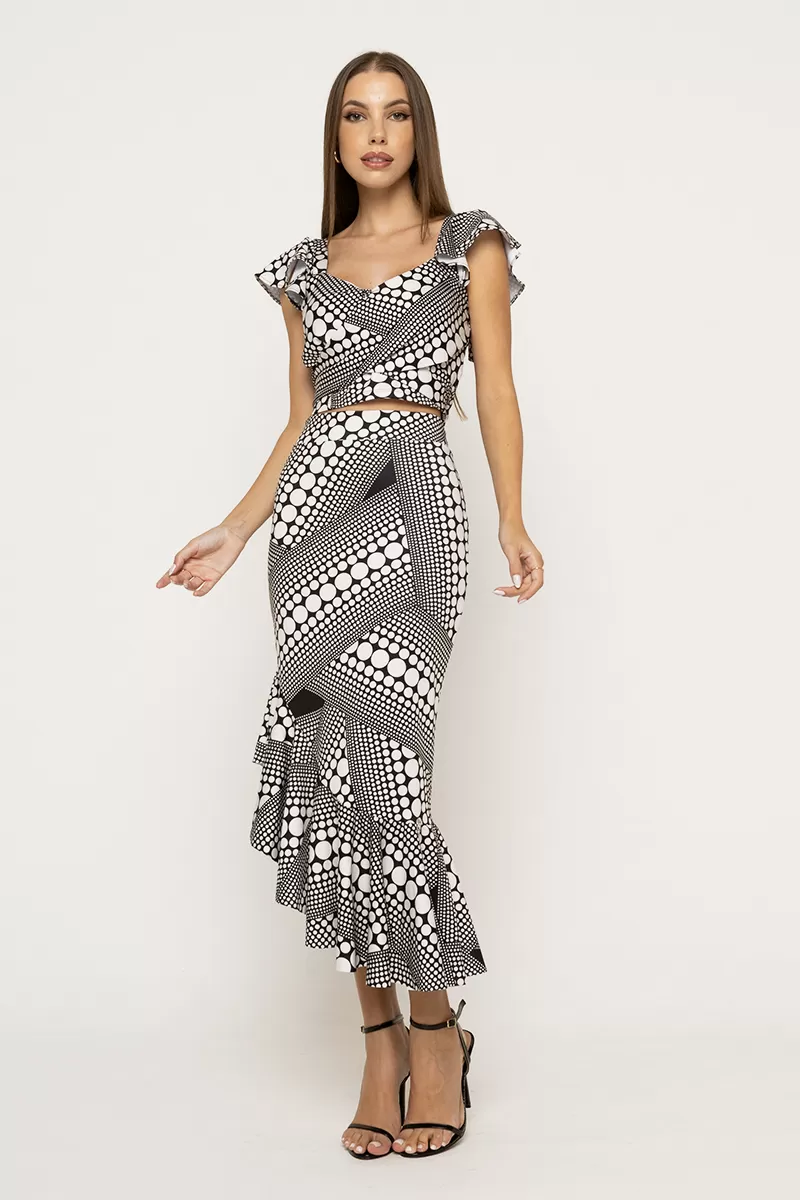 Miss Misses - Conjunto Miss Misses Cropped e Saia Midi Preto e Branco - 30206PB