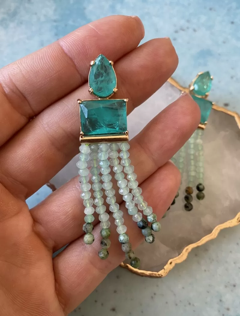 Mikabe - Tourmaline Fusion Earring with Turquoise Stone Tassel - MK1275 Mikabe - Tourmaline Fusion Earring with Turquoise Stone Tassel - MK1275
