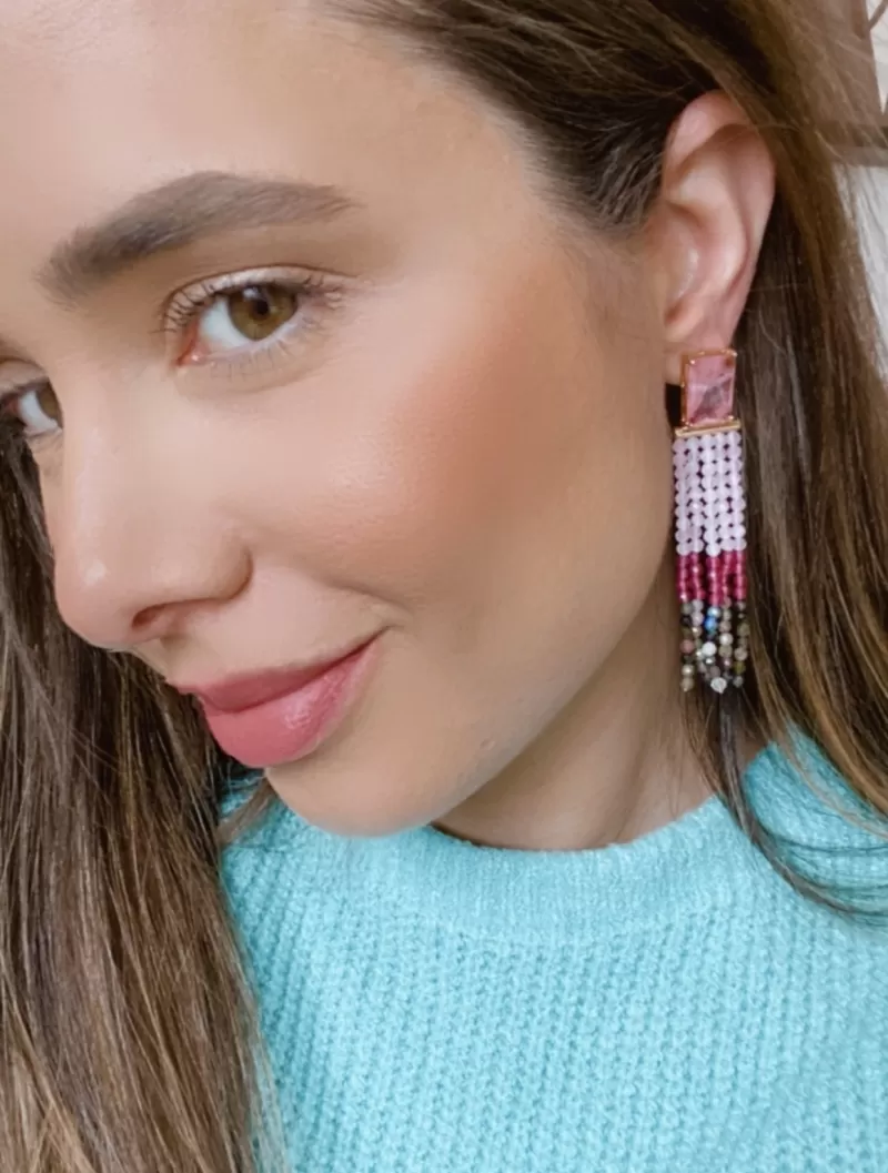 Mikabe - Zirconia Earring with Watermelon Tourmaline Stone Tassel - MK1276 Mikabe - Zirconia Earring with Watermelon Tourmaline Stone Tassel - MK1276