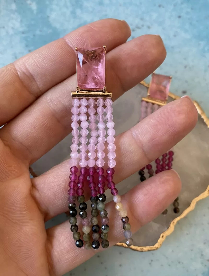 Mikabe - Zirconia Earring with Watermelon Tourmaline Stone Tassel - MK1276 Mikabe - Zirconia Earring with Watermelon Tourmaline Stone Tassel - MK1276