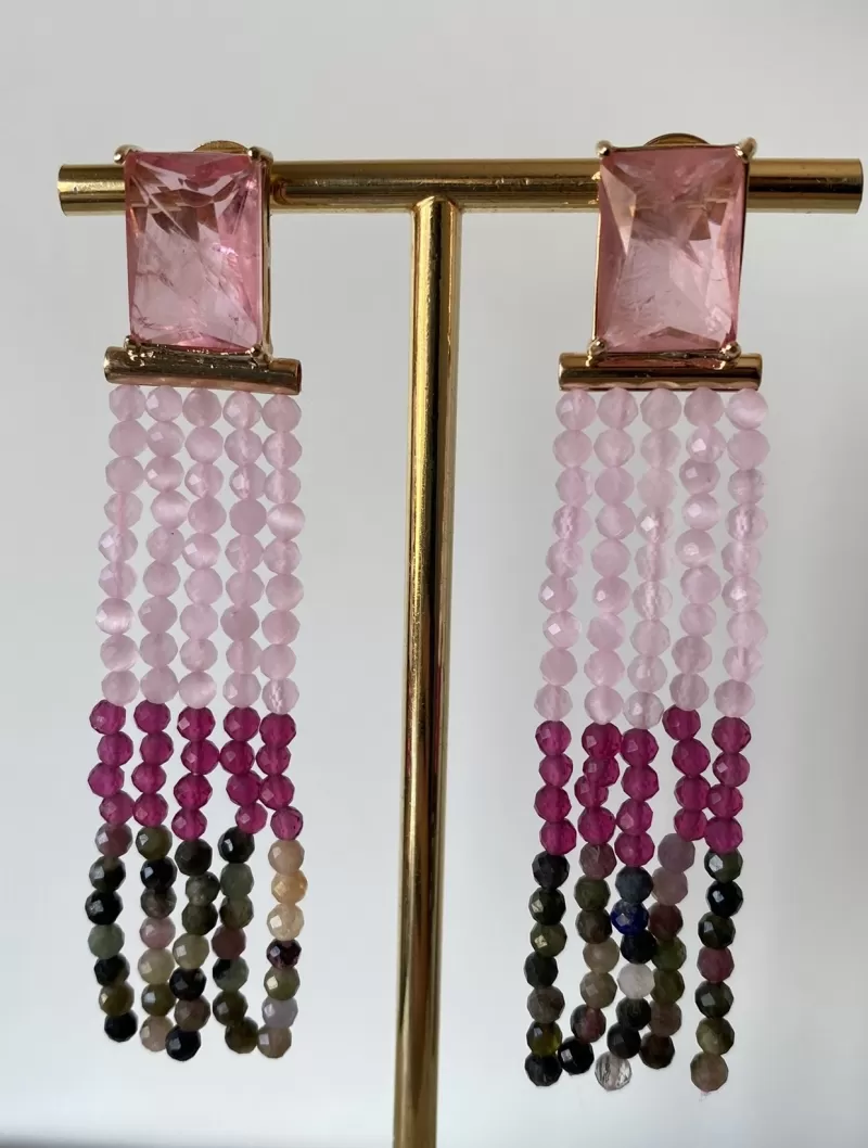 Mikabe - Zirconia Earring with Watermelon Tourmaline Stone Tassel - MK1276 Mikabe - Zirconia Earring with Watermelon Tourmaline Stone Tassel - MK1276