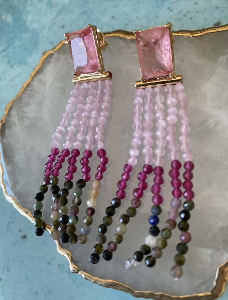 Mikabe - Zirconia Earring with Watermelon Tourmaline Stone Tassel - MK1276