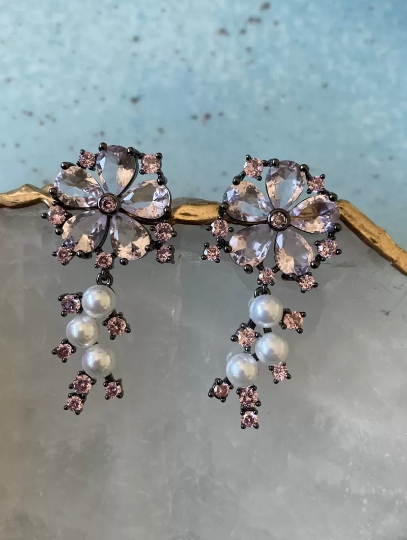 Mikabe - Earring Party Flower Zirconia Pink Rhodium Black - MK1316