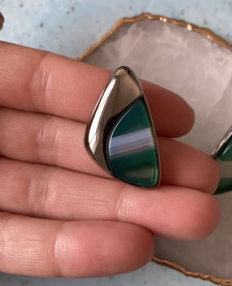Mikabe - Rhodium Striped Green Agate Earring - MK1362