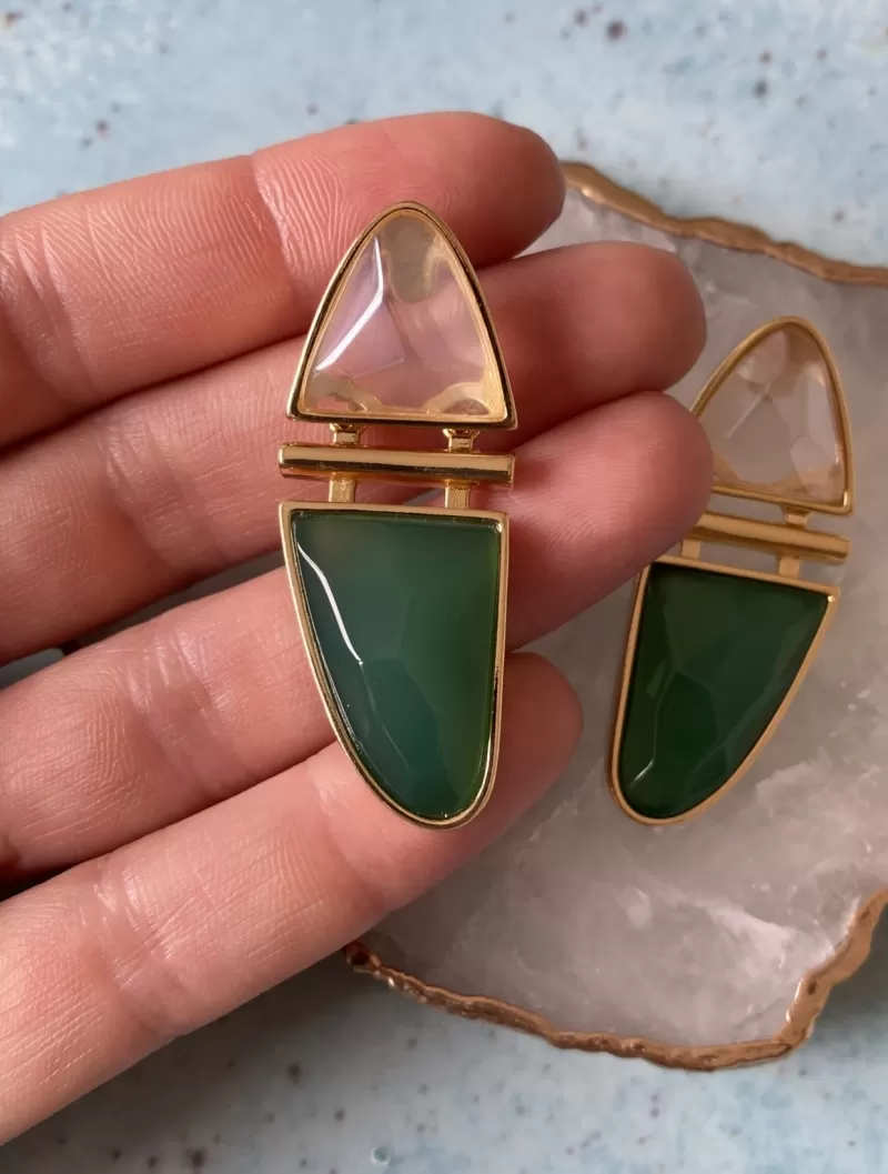 Mikabe - Modern Earring Rock Crystal and Green Agate - MK1367