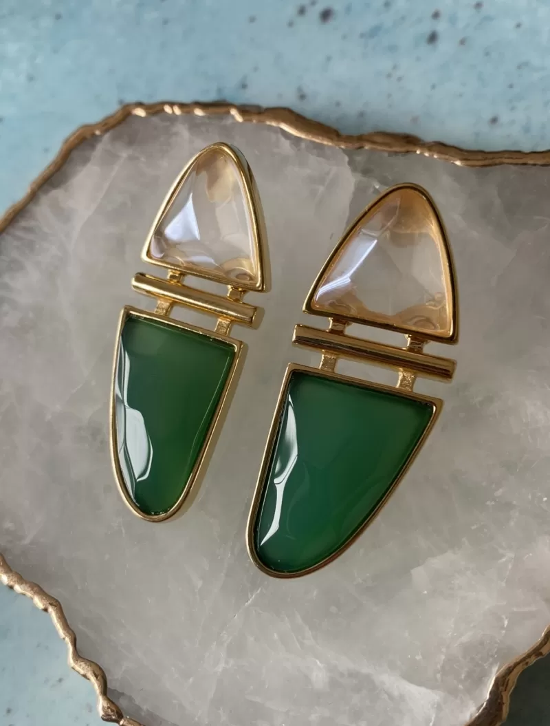 Mikabe - Modern Earring Rock Crystal and Green Agate - MK1367