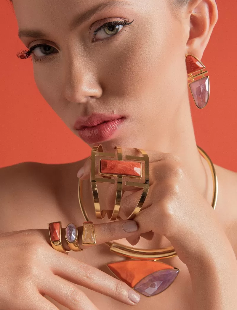 Mikabe - Modern Orange Feldspar and Amethyst Earring - MK1368