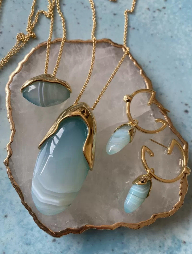 Mikabe - Sky Blue Agate Pendant Earring Hoop - MK1372