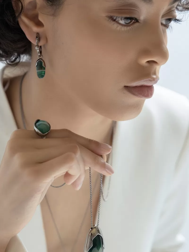 Mikabe - Green Striped Agate Pendant Earring Hoop - MK1374 Mikabe - Green Striped Agate Pendant Earring Hoop - MK1374