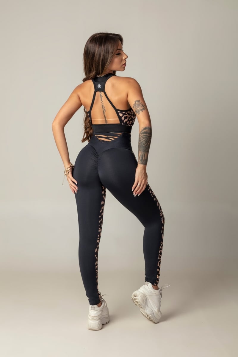 Hipkini - Leggings Game Fitness Black Animal Print and crossed strips in the waistband - 3339640